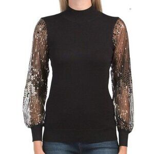 Gorgeous Sequin Sheer Mesh Sleeve Knit Sweater Black Women Size XS